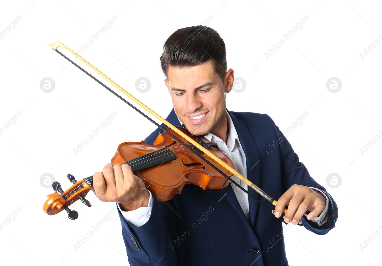 Photo of Happy man playing violin on white background