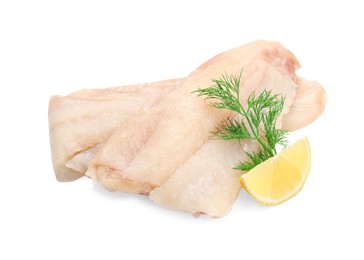 Photo of Pieces of raw cod fish, dill and lemon isolated on white