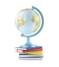Plastic model globe of Earth and books on white background. Geography lesson