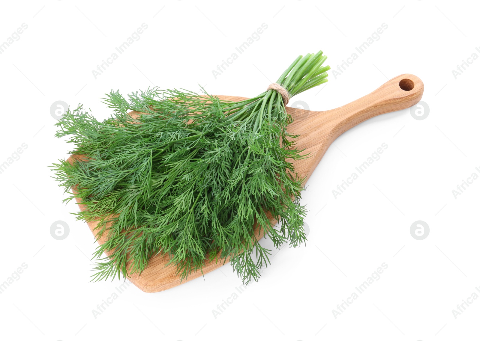 Photo of Board with fresh green dill isolated on white