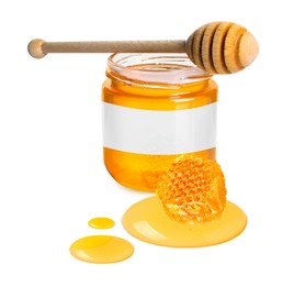 Image of Sweet honey in glass jar with blank label, wooden honey dipper and piece of honeycomb on white background. Mockup for design