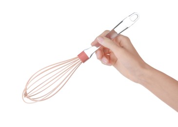 Photo of Woman holding whisk on white background, closeup