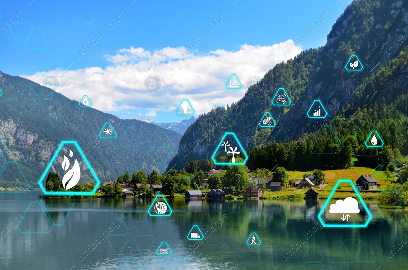 Image of Digital eco icons and beautiful landscape with mountains and river on sunny day