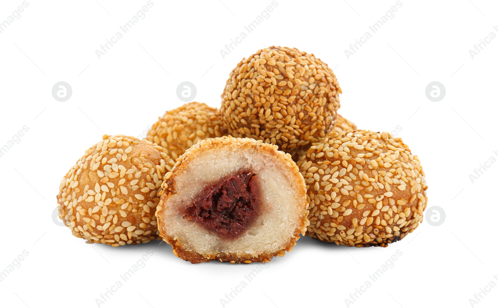 Photo of Delicious sesame balls with red bean paste on white background