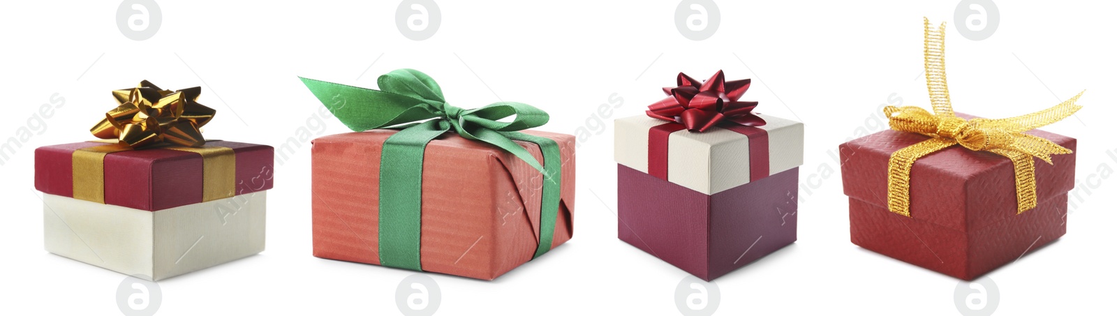 Image of Set of Christmas gift boxes on white background. Banner design