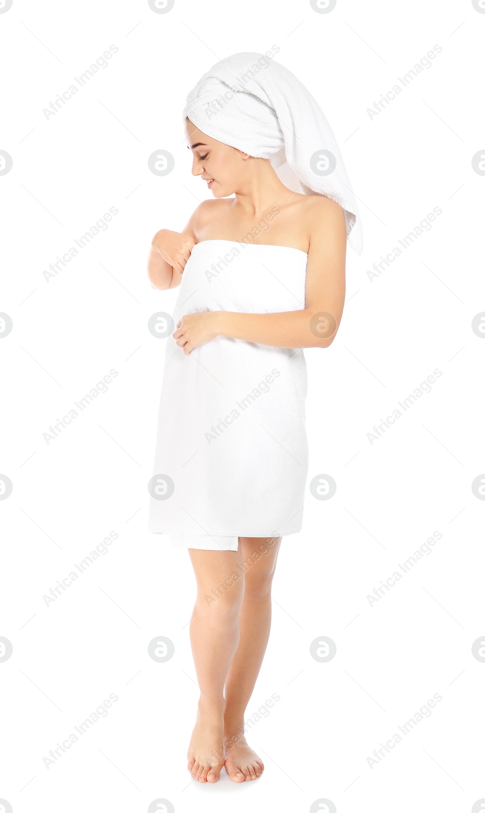 Photo of Full length portrait of young pretty woman with towels on white background