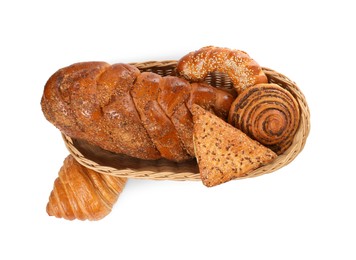 Different tasty pastries isolated on white, top view