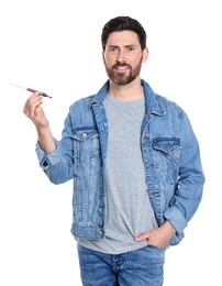 Photo of Man using cigarette holder for smoking isolated on white