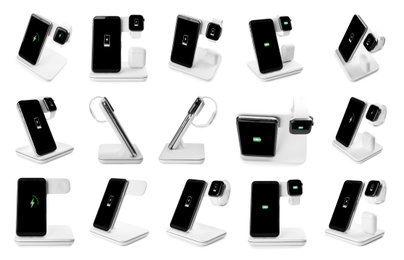 Image of Collage with wireless chargers and gadgets on white background