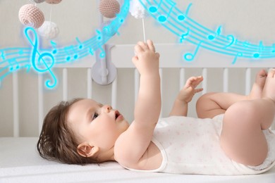 Songs for baby. Cute little child in crib at home. Illustration of flying music notes over child