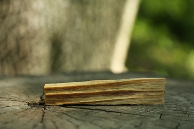 Palo santo stick on wooden stump outdoors, closeup