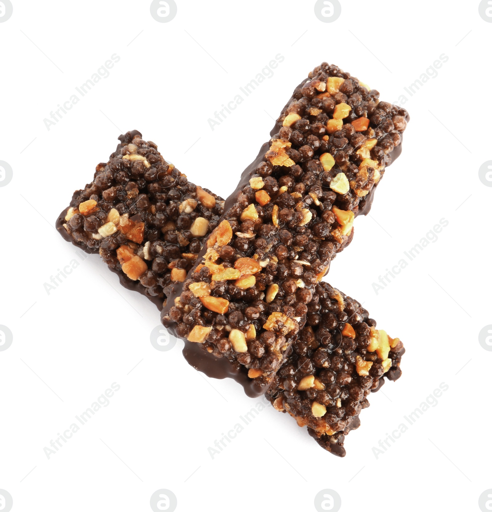 Photo of Protein bars with chocolate on white background, top view. Healthy snack