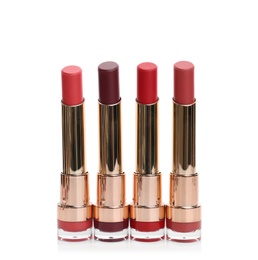 Photo of Many different stylish lipsticks on white background