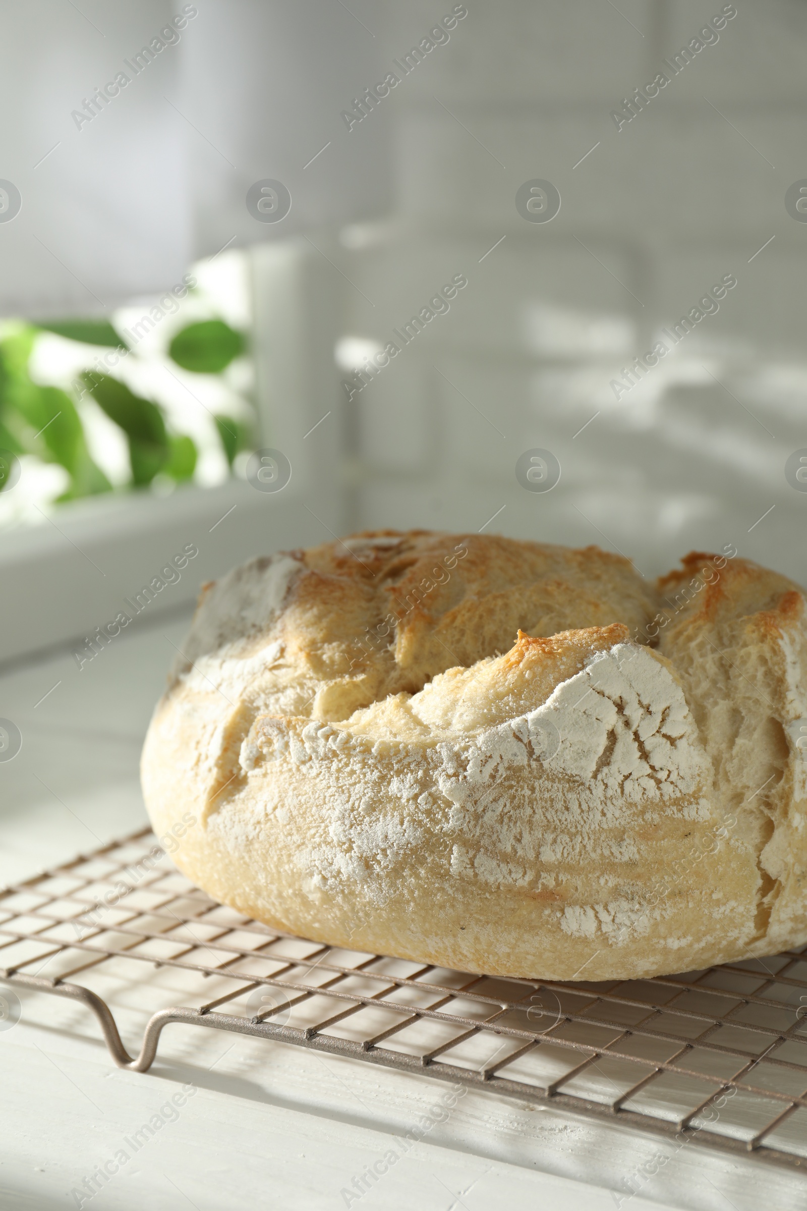 Photo of Freshly baked sourdough bread on white wooden table indoors