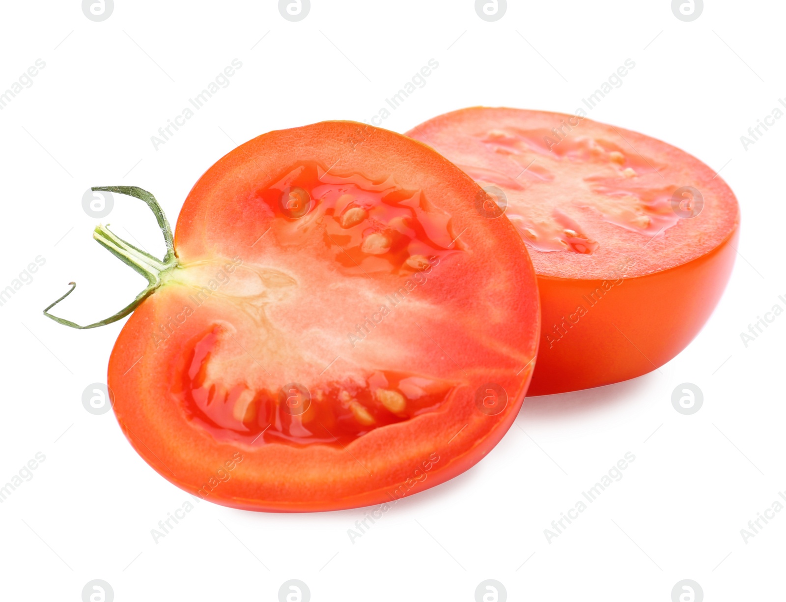 Photo of Halves of fresh ripe red tomato on white background