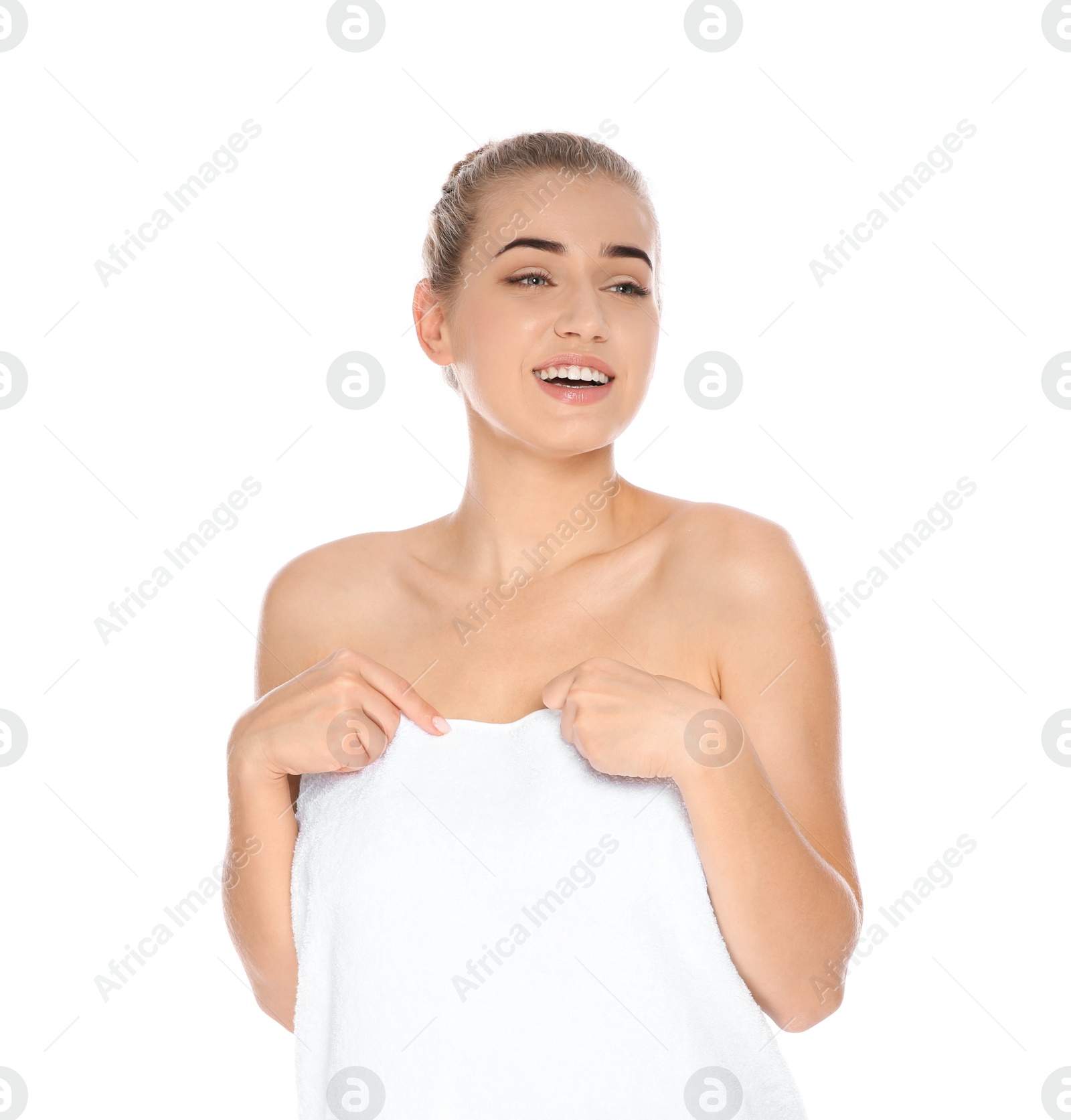 Photo of Portrait of young pretty woman with towel on white background