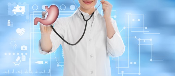 Image of Illustration of stomach and doctor with stethoscope on light blue background, closeup. Banner design