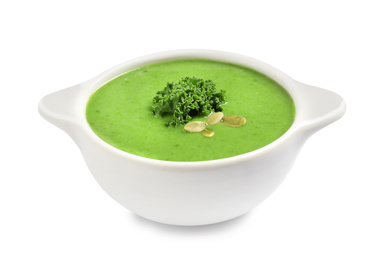 Photo of Tasty kale soup with pumpkin seeds isolated on white