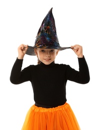 Cute little girl wearing Halloween costume on white background