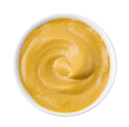 Photo of Fresh tasty mustard sauce in bowl isolated on white