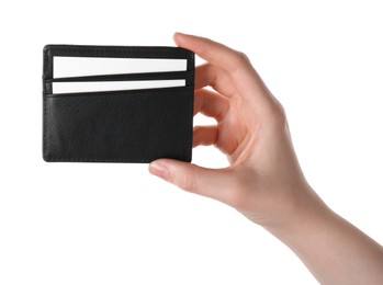 Woman holding leather business card holder with cards on white background, closeup