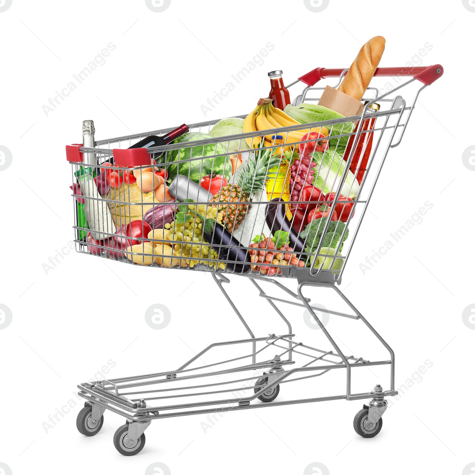Image of Shopping cart with groceries on white background