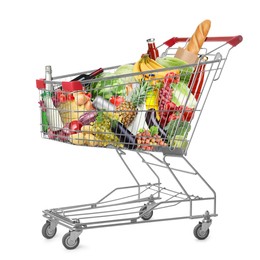 Image of Shopping cart with groceries on white background