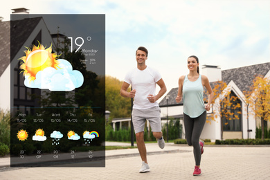Image of Sporty couple running on street and weather forecast widget. Mobile application
