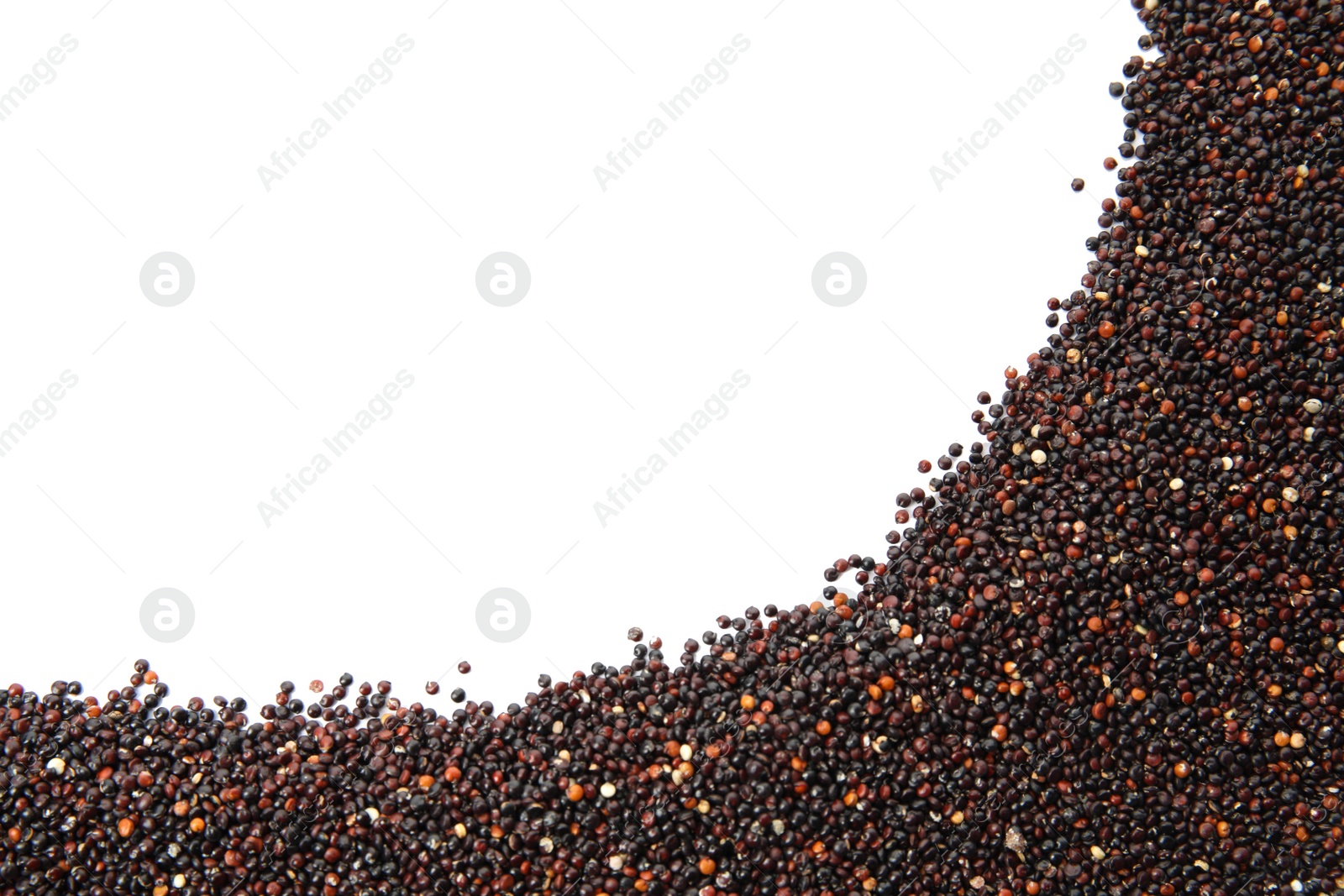 Photo of Black quinoa and space for text on white background, top view