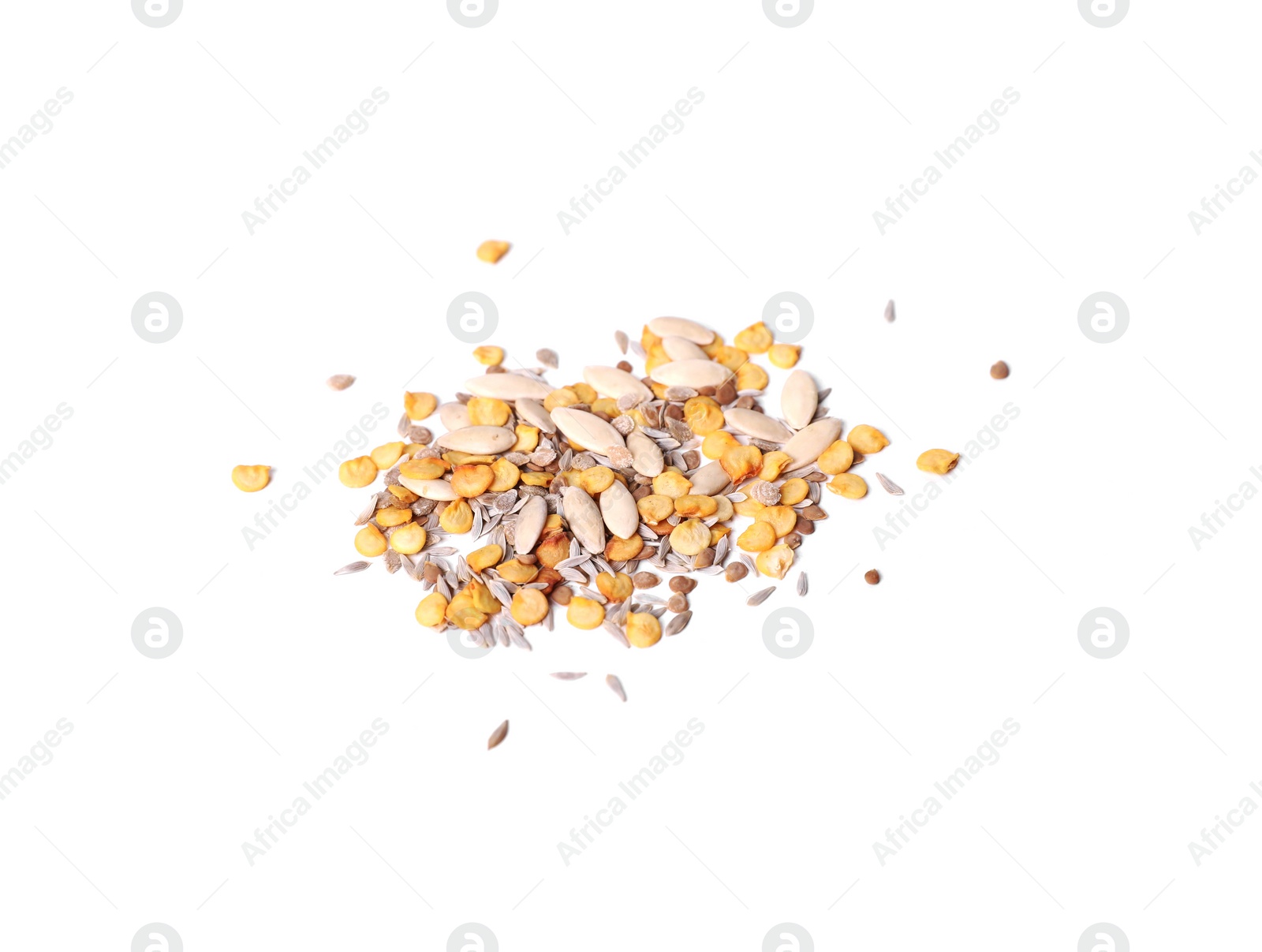 Photo of Pile of different vegetable seeds on white background