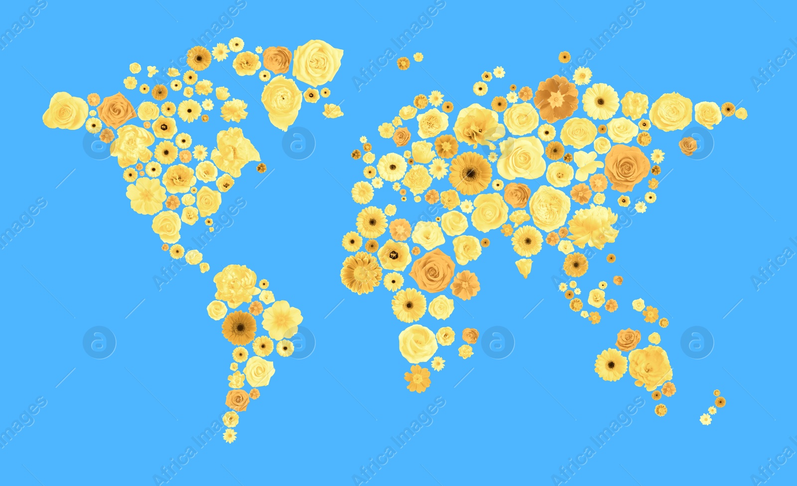 Image of World map made of beautiful flowers on light blue background, banner design