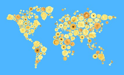 Image of World map made of beautiful flowers on light blue background, banner design