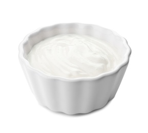 Bowl with yummy yogurt on white background