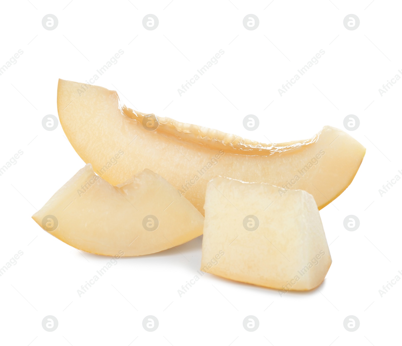 Photo of Slices of tasty ripe melon on white background