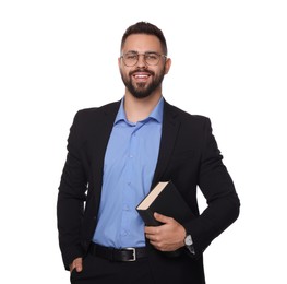 Photo of Portrait of smiling man in glasses with book on white background. Lawyer, businessman, accountant or manager