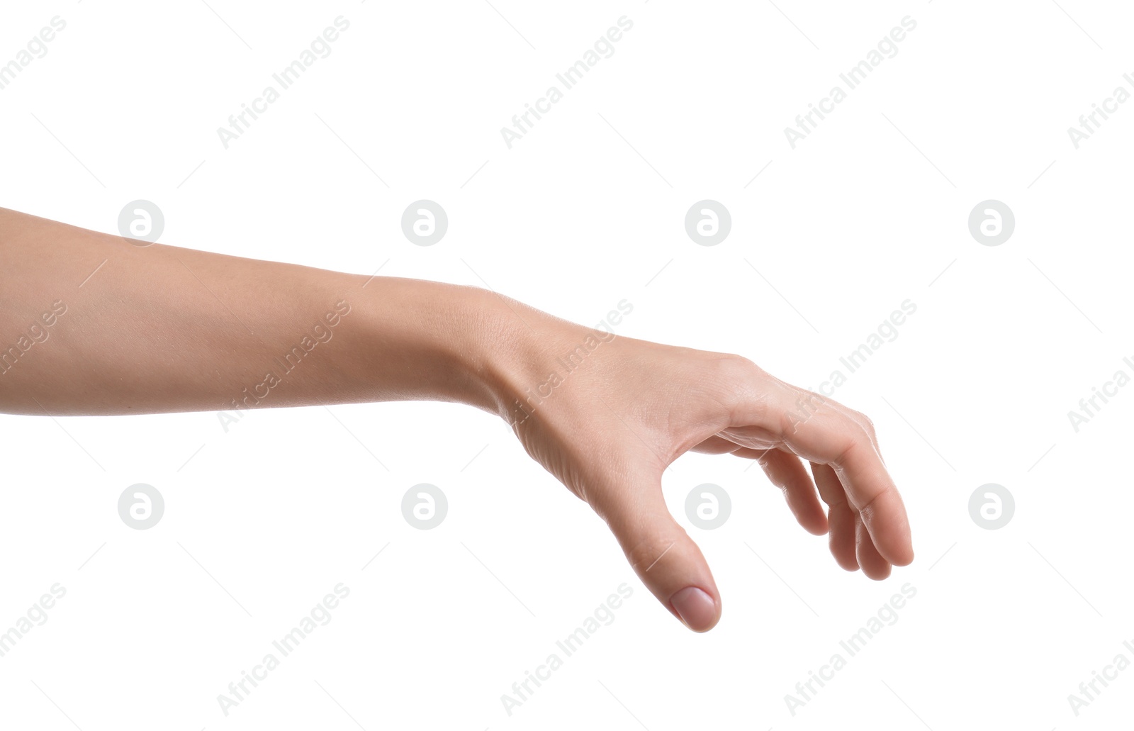 Photo of Woman holding something in hand on white background, closeup
