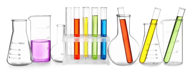 Image of Set of different laboratory glassware isolated on white