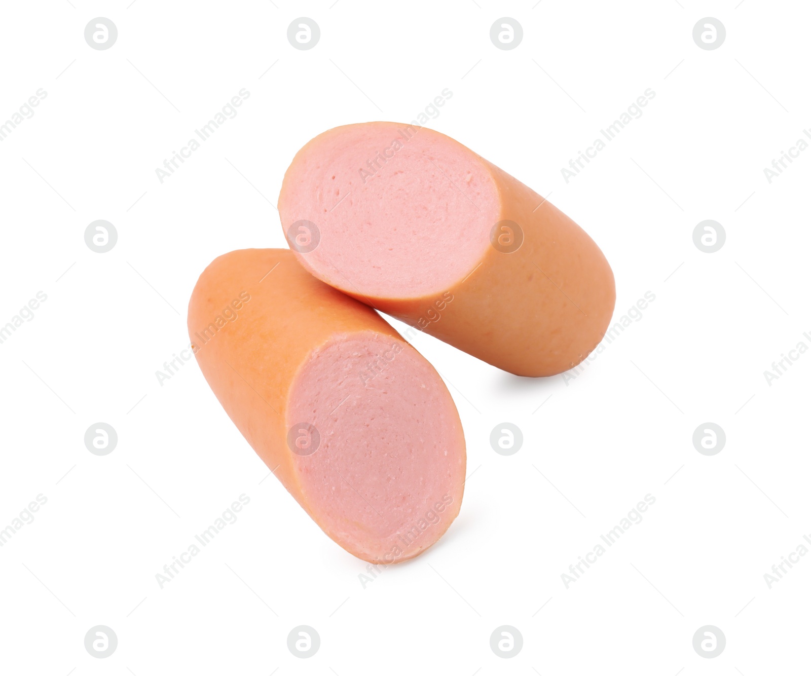 Photo of Pieces of delicious boiled sausage on white background