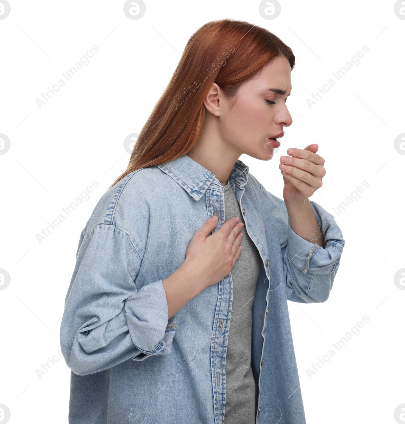 Photo of Woman coughing on white background. Cold symptoms