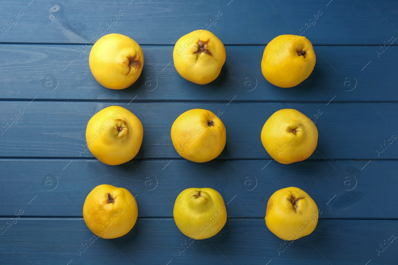 Photo of Tasty ripe quinces on blue wooden table, flat lay