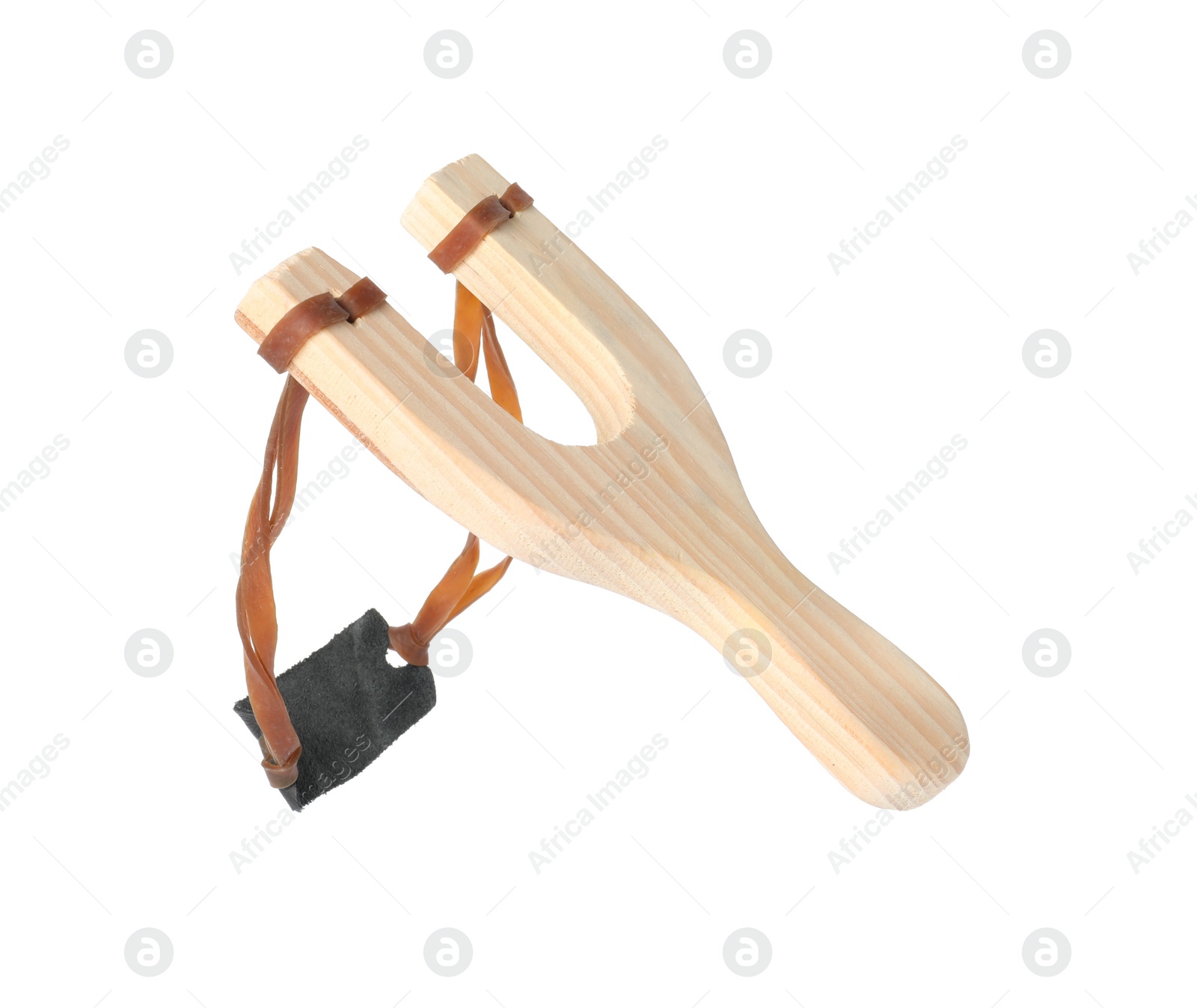 Photo of One wooden slingshot with leather pouch isolated on white