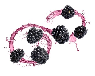 Image of Fresh blackberries and juice in air on white background