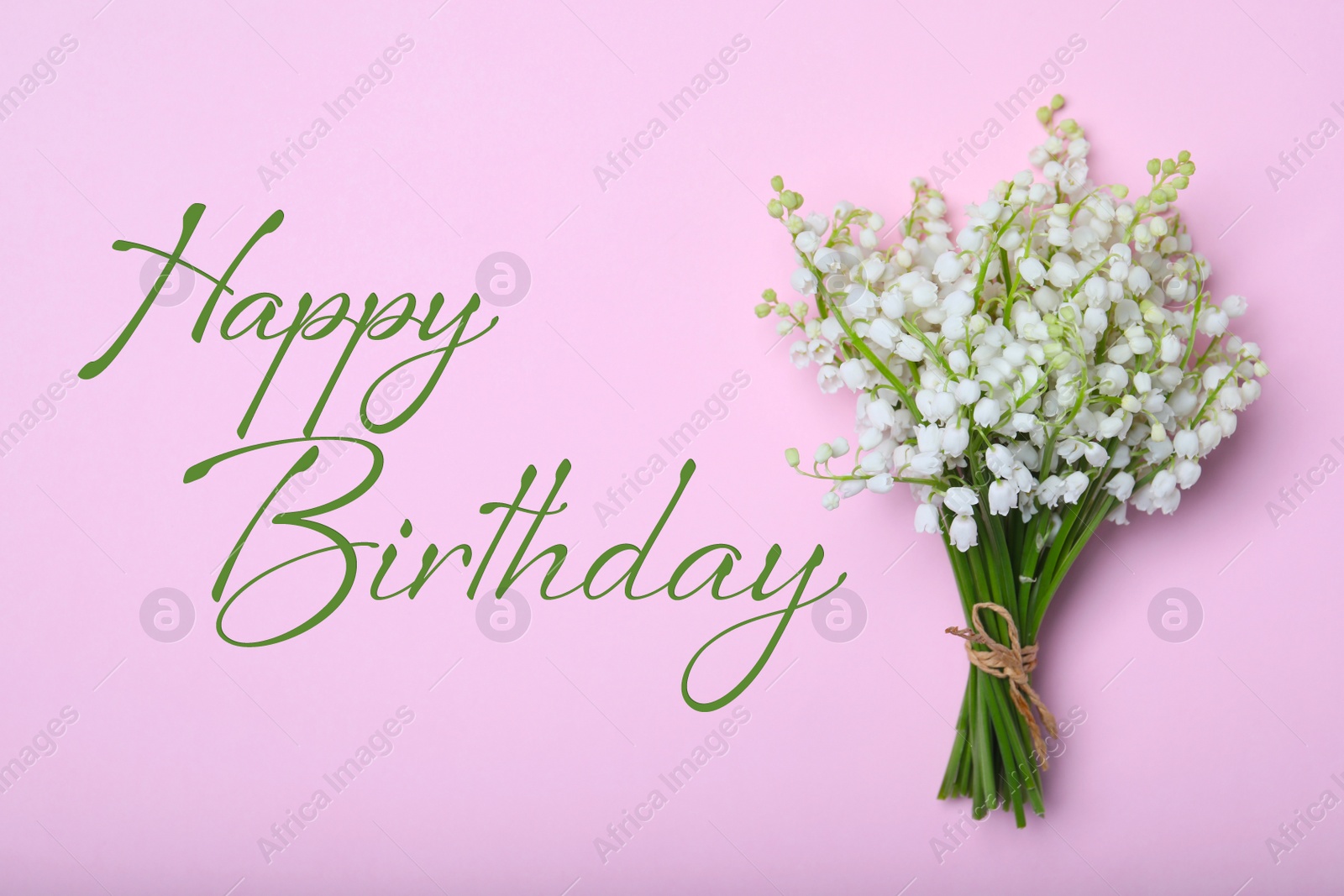 Image of Happy Birthday! Beautiful lily of the valley flowers on pink background, top view 