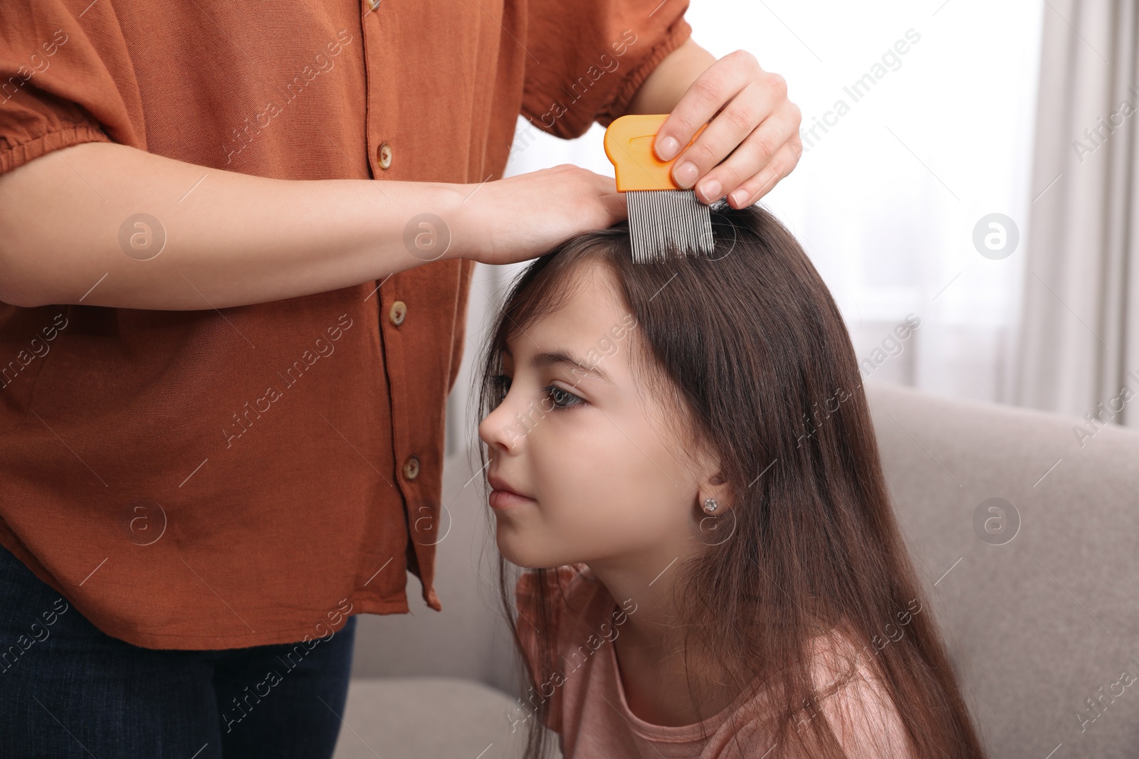 Photo of Mother using nit comb on her daughter's hair indoors. Anti lice treatment