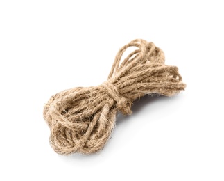 Photo of Bundle of hemp rope on white background