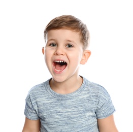 Photo of Portrait of little boy laughing on white background