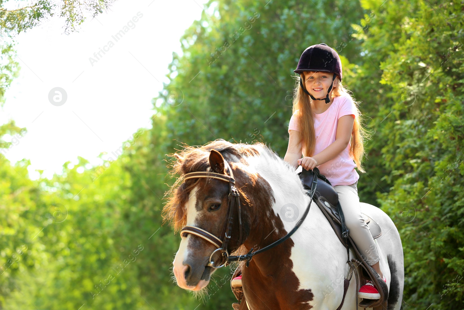 Photo of Cute little girl riding pony in green park