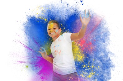 Image of Holi festival celebration. Happy boy covered with colorful powder dyes on white background