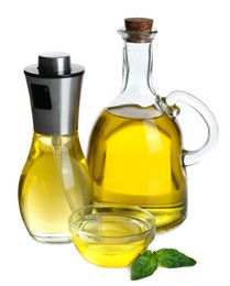 Photo of Cooking oil and basil leaves on white background