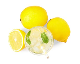 Photo of Cool freshly made lemonade and fruits on white background, top view